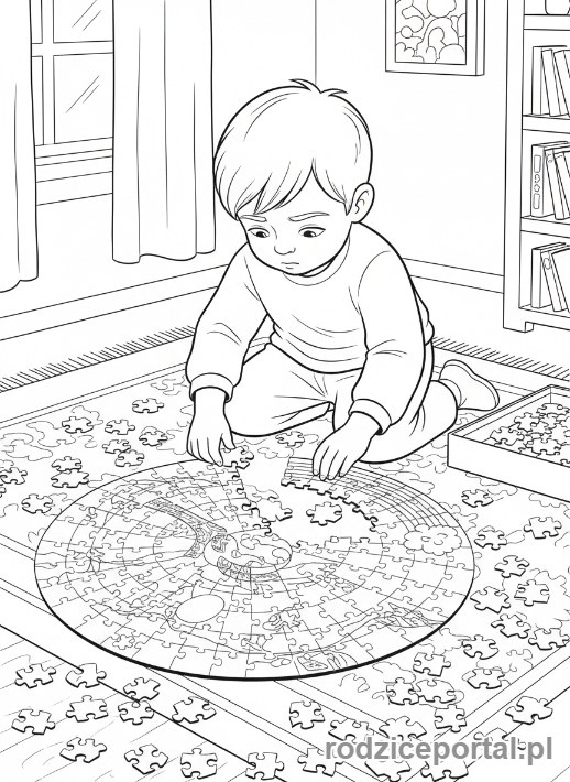Kolorowanka Rozwój Poznawczy - Dziecko układające puzzle