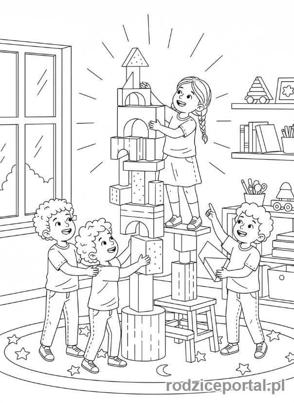 Kolorowanka Rozwój Społeczny - Dzieci budujące wieżę z klocków