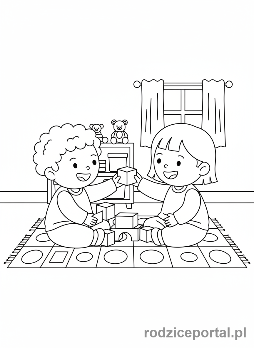 Kolorowanka Rozwój Społeczny - Dzieci dzielące się zabawkami