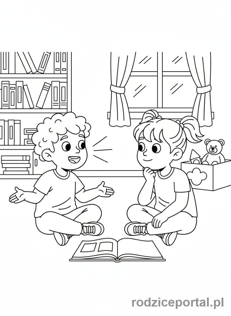 Kolorowanka Rozwój Społeczny - Dzieci rozmawiające i słuchające