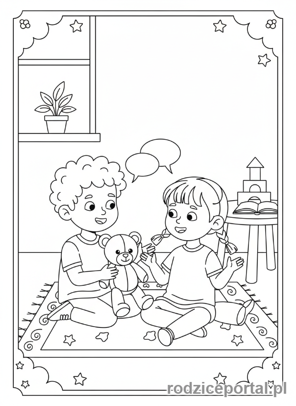 Kolorowanka Rozwój Społeczny - Dzieci rozmawiające o konflikcie