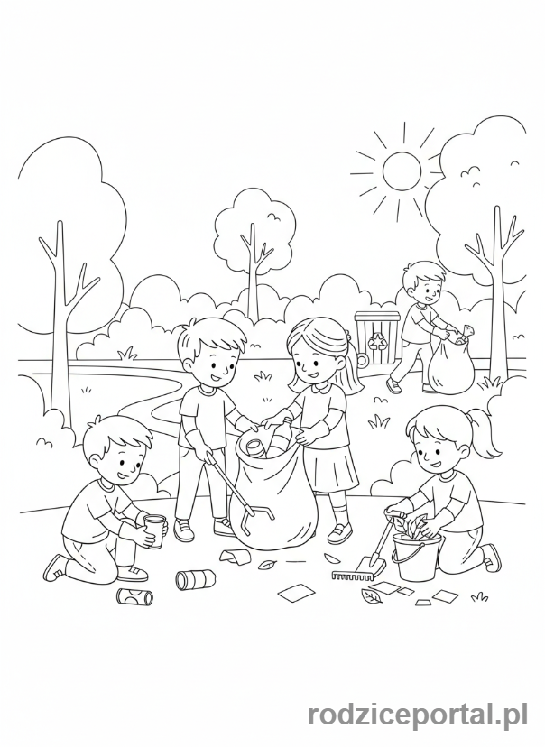 Kolorowanka Rozwój Społeczny - Dzieci sprzątające park