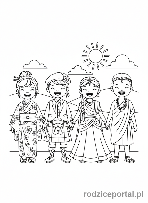 Kolorowanka Rozwój Społeczny - Dzieci w strojach z różnych kultur