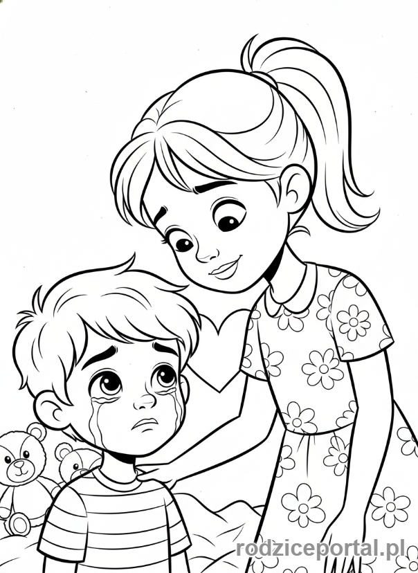 Kolorowanka Rozwój Społeczny - Dziewczynka pocieszająca płaczącego chłopca