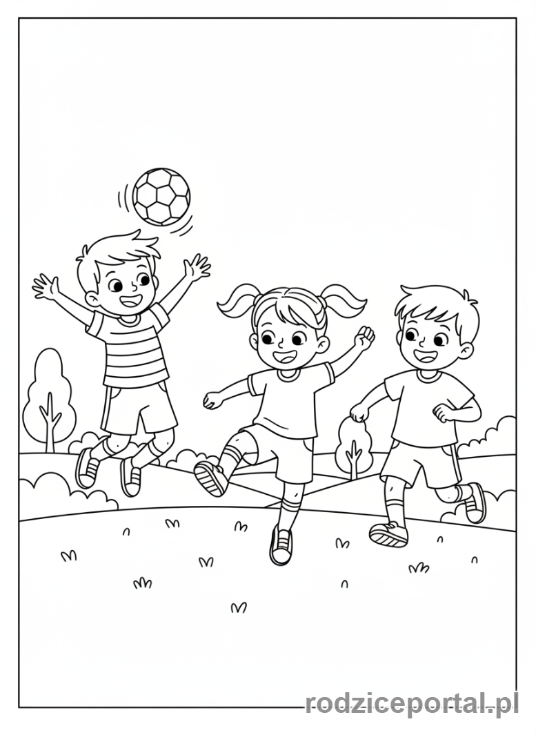 Kolorowanka Rozwój Społeczny - Grupa dzieci grająca w piłkę