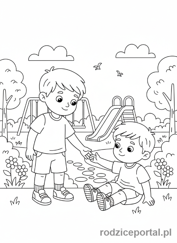 Kolorowanka Rozwój Społeczny - Pomoc koledze w wstawaniu