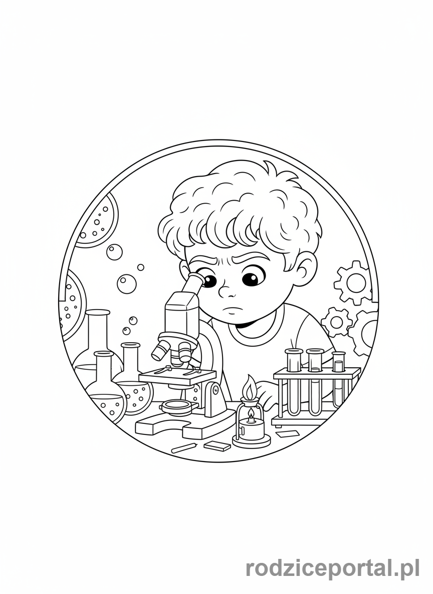 Kolorowanka Rozwój Umysłowy - Chłopiec badający pod mikroskopem