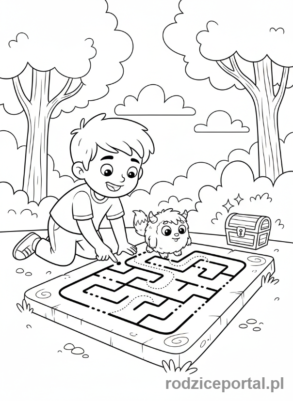 Kolorowanka Rozwój Umysłowy - Chłopiec pomaga zwierzęciu w labiryncie