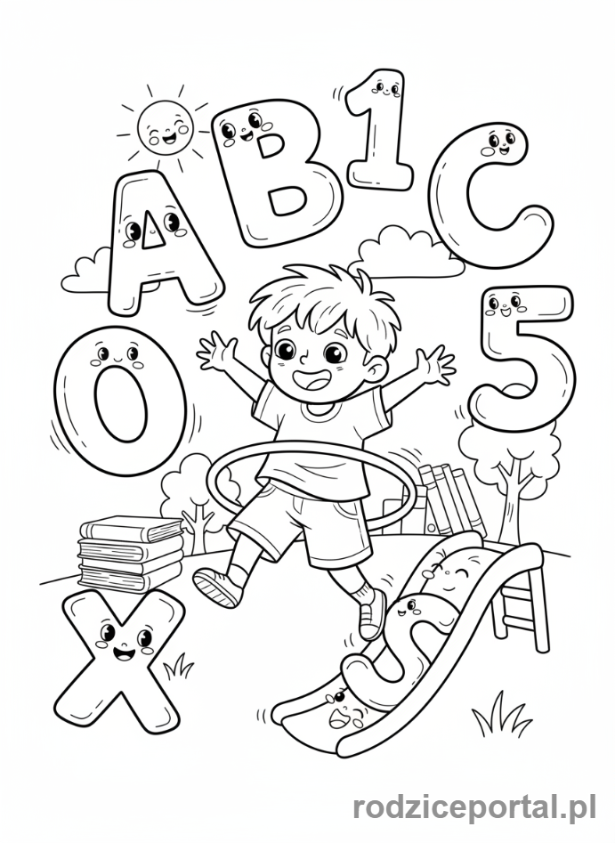 Kolorowanka Rozwój Umysłowy - Dziecko bawi się literami i cyframi