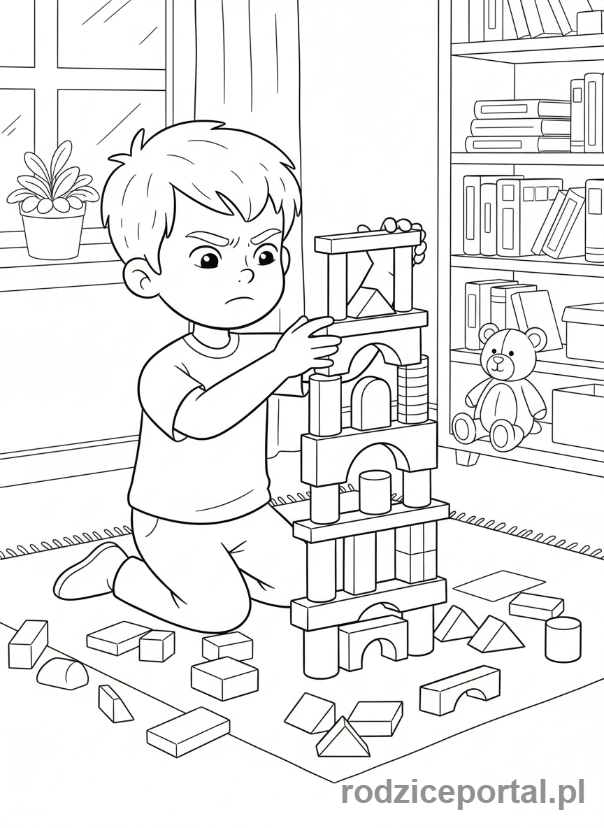 Kolorowanka Rozwój Umysłowy - Dziecko budujące wieżę z klocków