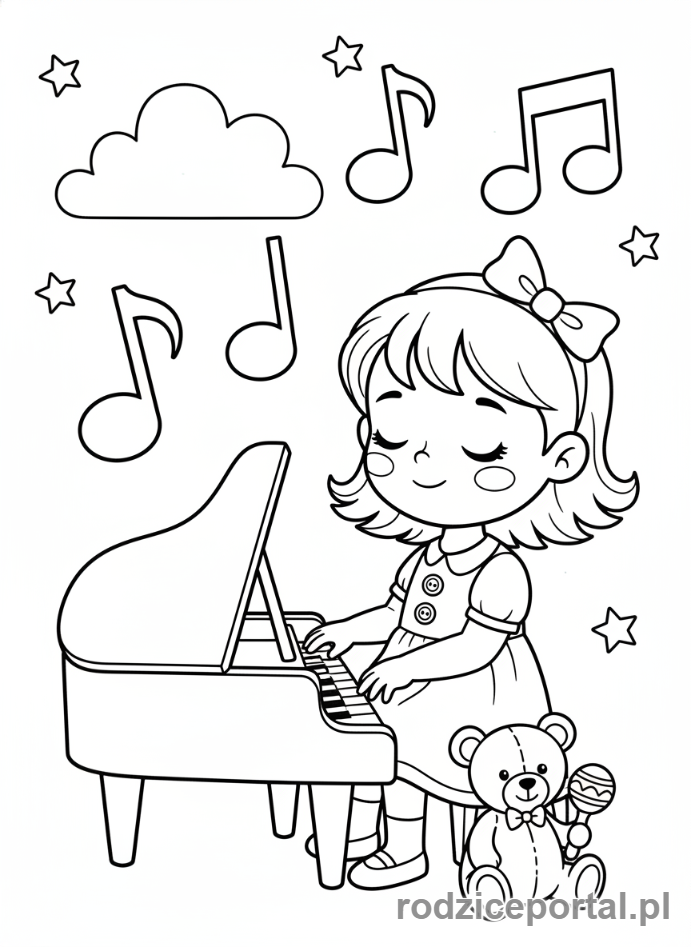 Kolorowanka Rozwój Umysłowy - Dziewczynka grająca na pianinie