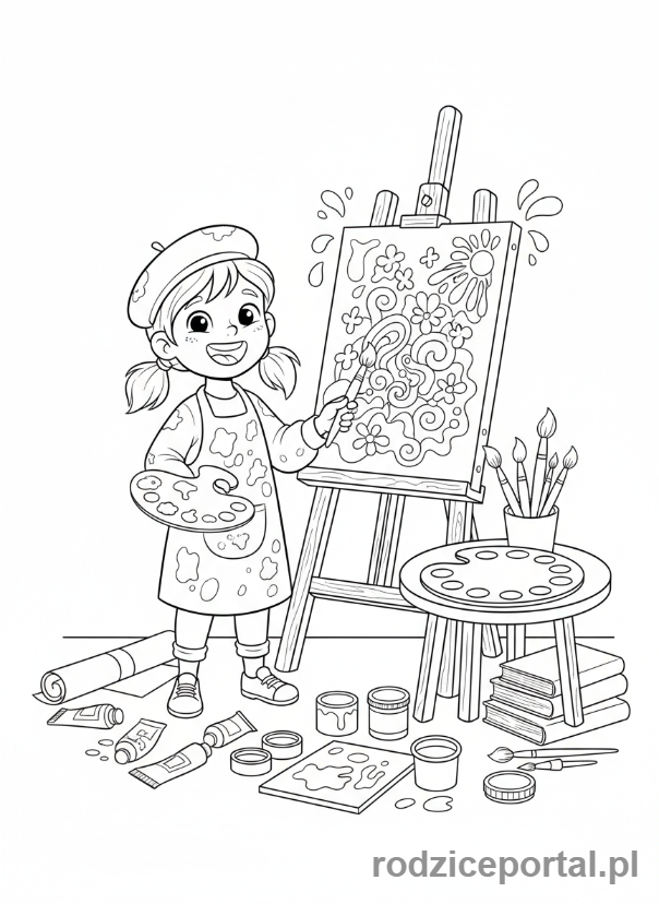 Kolorowanka Rozwój Umysłowy - Dziewczynka malująca obraz