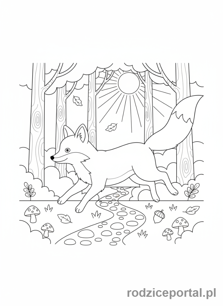 Kolorowanka Ruch - Biegnący lis w lesie, cała postać, dynamiczny ruch.