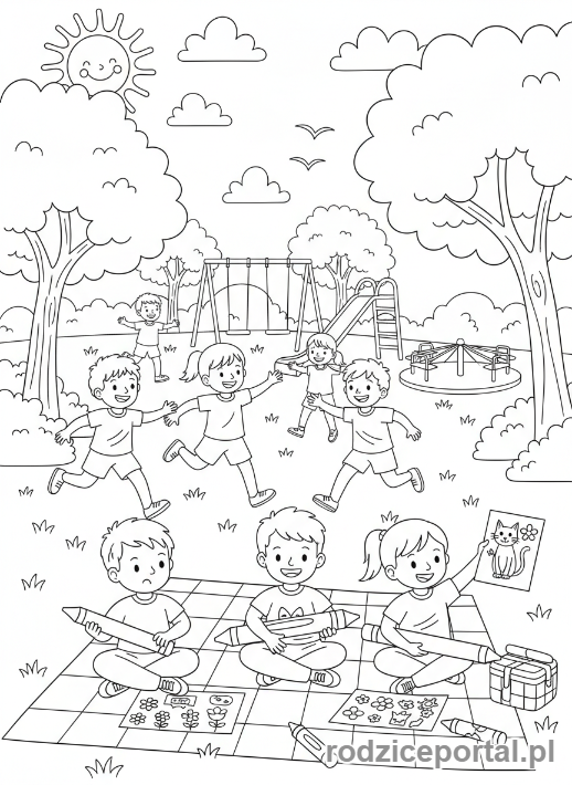 Kolorowanka Ruch - Dzieci bawiące się w berka w parku, pełna scena, ruch w grupie.