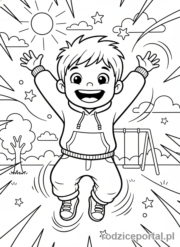 Kolorowanka Ruch - Dziecko skaczące ze szczęścia, zbliżenie na uśmiechniętą twarz.