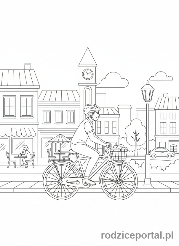 Kolorowanka Ruch - Osoba jadąca na rowerze, widok z boku, ruch miejski.