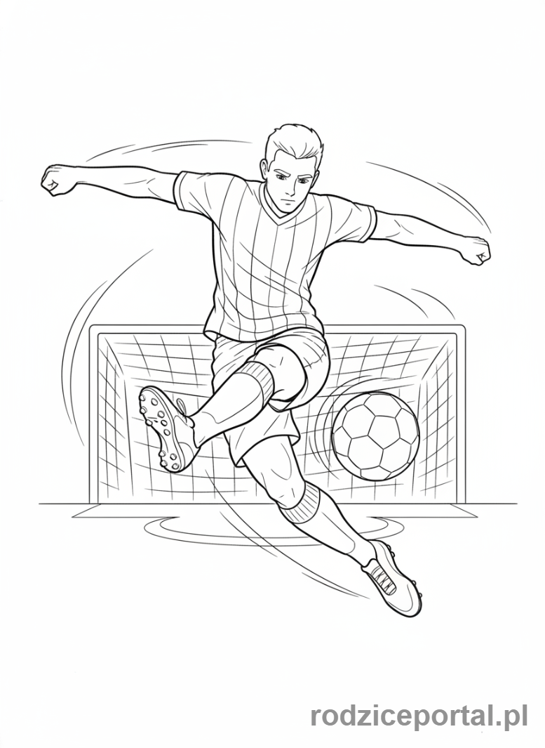 Kolorowanka Ruch - Piłkarz kopiący piłkę, w akcji, dynamiczna poza.