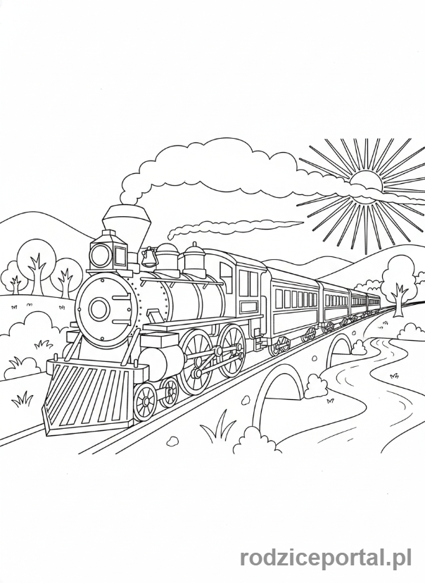 Kolorowanka Ruch - Pociąg pędzący przez krajobraz, widok z boku.