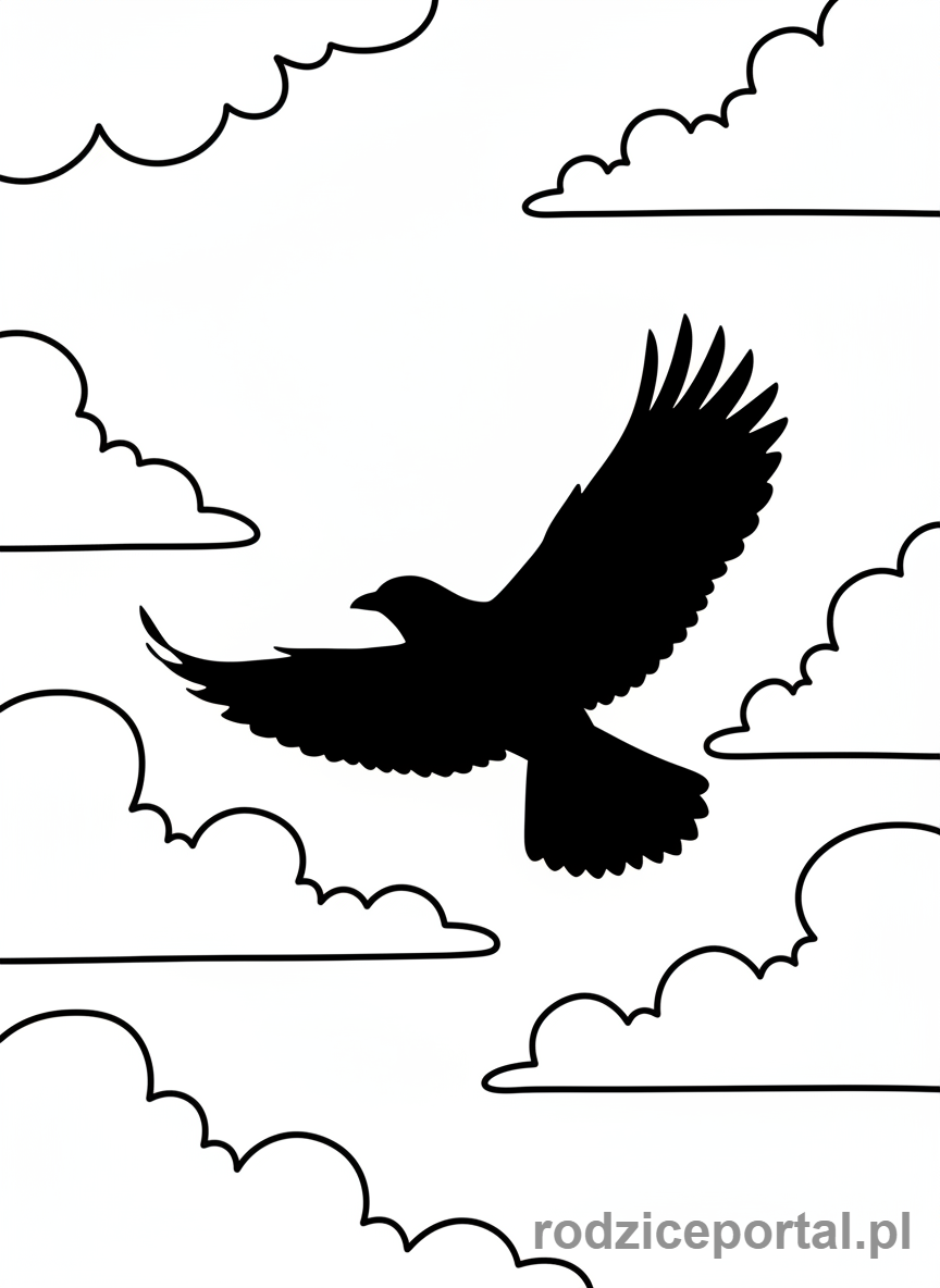Kolorowanka Ruch - Ptak w locie na tle chmur, cała sylwetka.