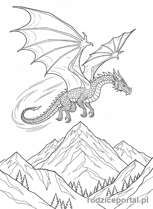 Kolorowanka Ruch - Smok lecący nad górami, epicki ruch skrzydeł.