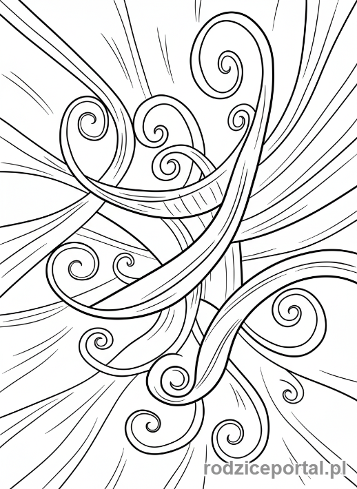 Kolorowanka Ruch - Wirujące linie symbolizujące wiatr, abstrakcyjny ruch.
