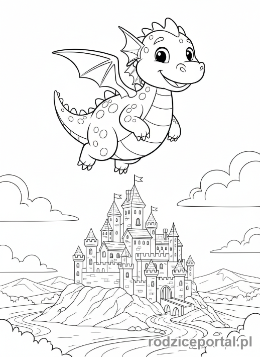 Kolorowanka Rycerze I Zamki - Smok nad zamkiem