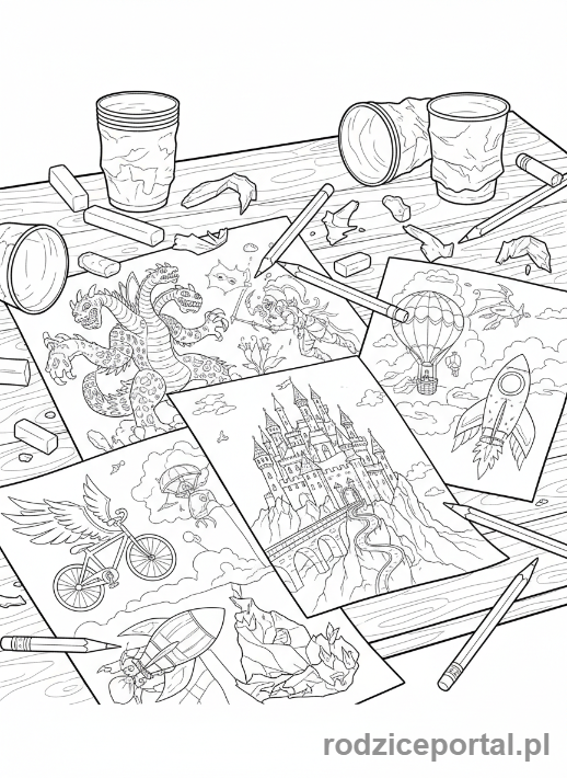 Kolorowanka Rysowanie Z Wyobraźni - Biurko artysty z fantazyjnymi szkicami