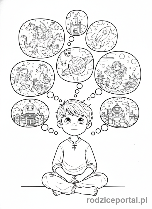Kolorowanka Rysowanie Z Wyobraźni - Chłopiec otoczony chmurami rysunków