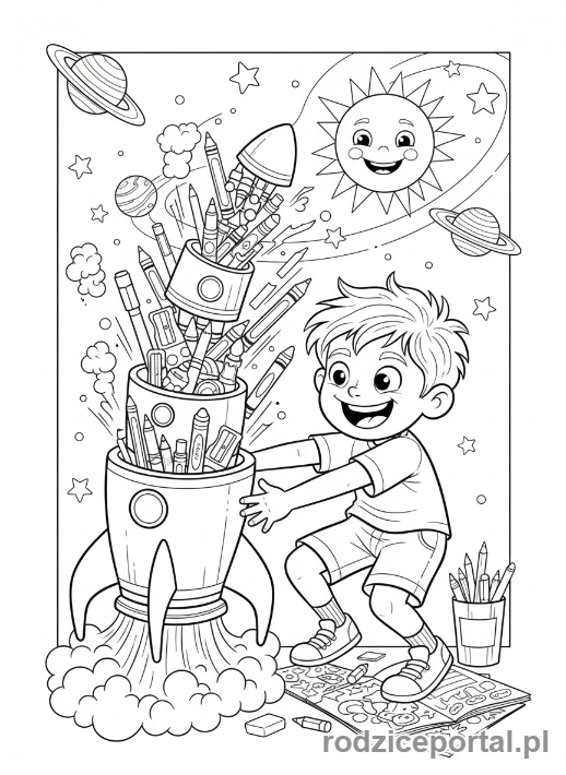 Kolorowanka Rysowanie Z Wyobraźni - Chłopiec tworzący rakietę kredkami