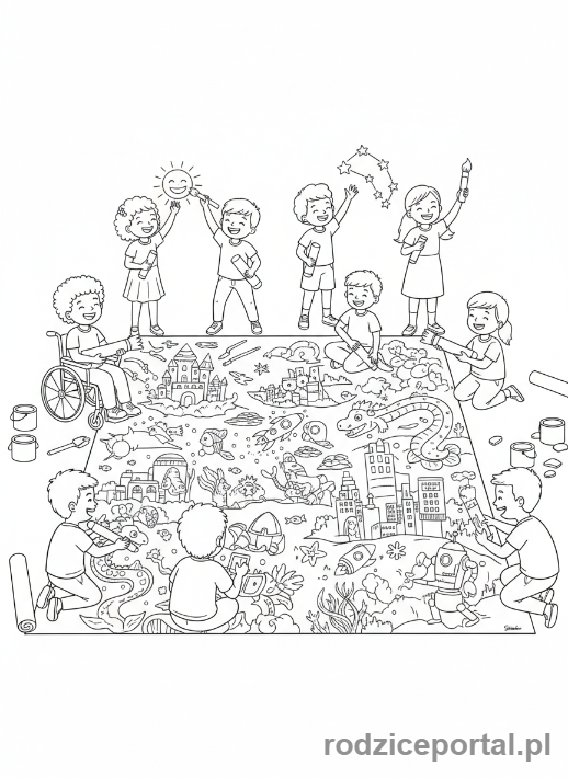 Kolorowanka Rysowanie Z Wyobraźni - Dzieci rysujące na wielkim płótnie