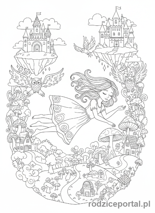 Kolorowanka Rysowanie Z Wyobraźni - Dziewczynka unosząca się w świecie rysunków