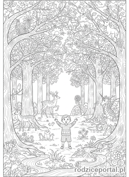 Kolorowanka Rysowanie Z Wyobraźni - Las wyobraźni z drzewami-rysunkami