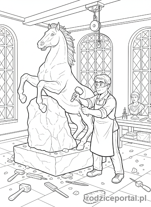 Kolorowanka Rzeźba - Rzeźbiarz przy pracy