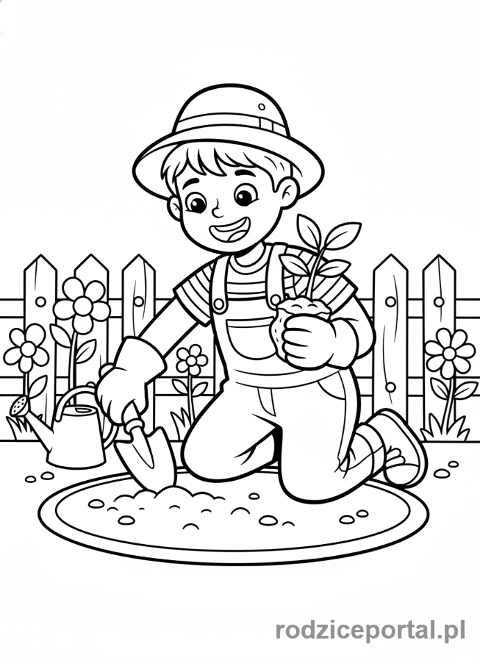 Kolorowanka Sadzenie Roślin - Chlopiec z lopatka