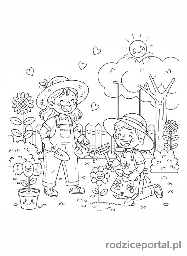 Kolorowanka Sadzenie Roślin - Dzieci bawia sie w ogrodnikow