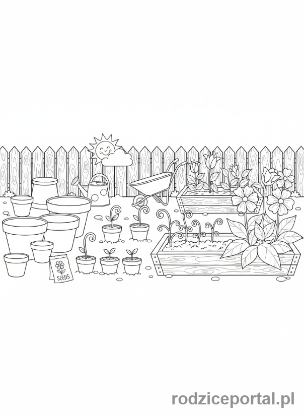 Kolorowanka Sadzenie Roślin - Ogrod z roslinkami