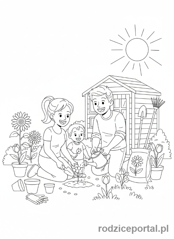 Kolorowanka Sadzenie Roślin - Rodzina w ogrodzie