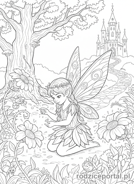 Kolorowanka Sadzenie Roślin - Wrozka sadzi kwiaty