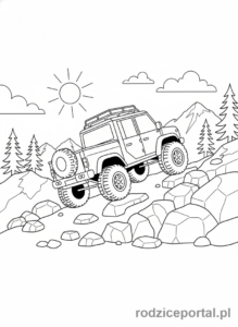 Kolorowanka Samochody - Samochód terenowy w górach