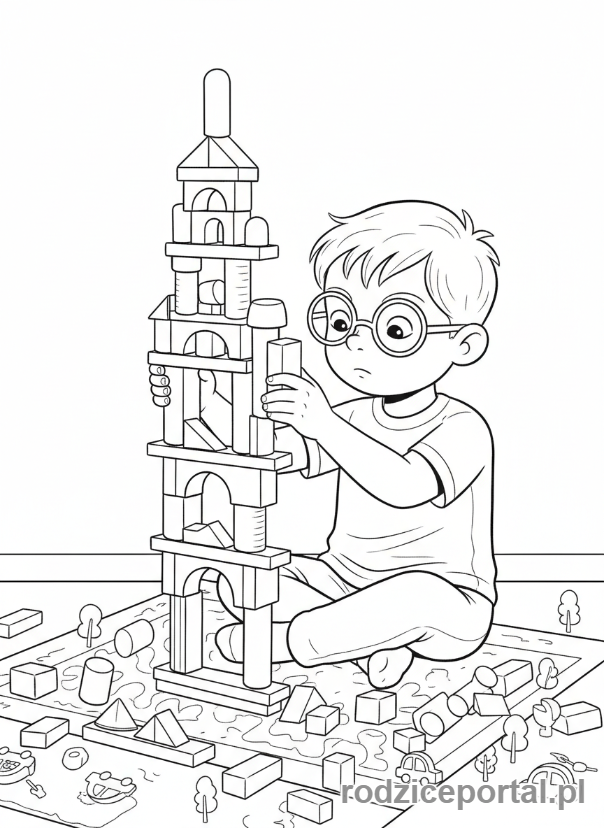 Kolorowanka Samodzielna Praca - Chlopiec buduje z klockow
