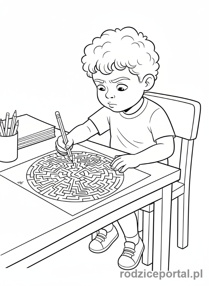 Kolorowanka Samodzielna Praca - Chlopiec rozwiazywanie labiryntu