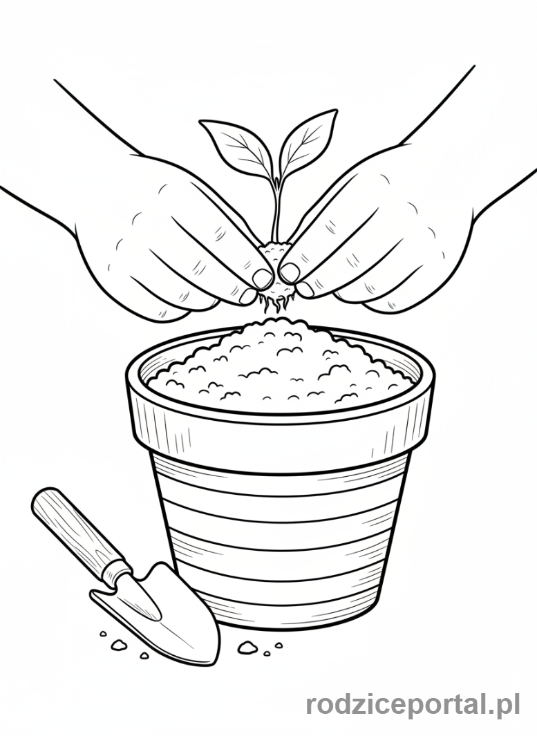 Kolorowanka Samodzielna Praca - Chlopiec sadzi roslinke