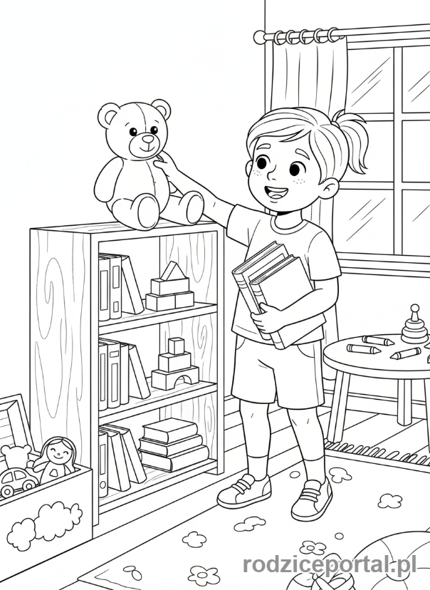 Kolorowanka Samodzielna Praca - Dziecko sprzata swoj pokoj
