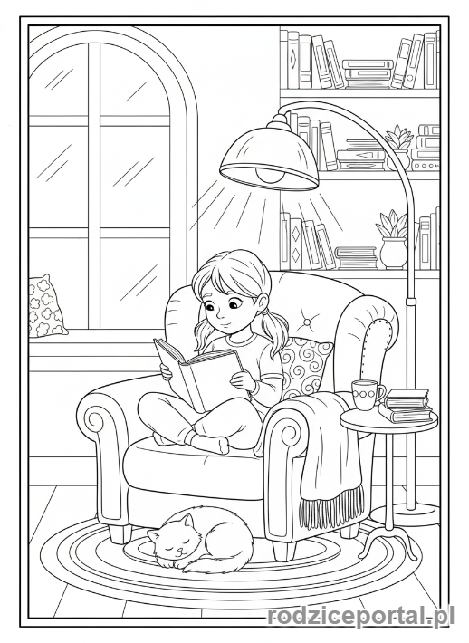 Kolorowanka Samodzielna Praca - Dziewczynka czyta ksiazke