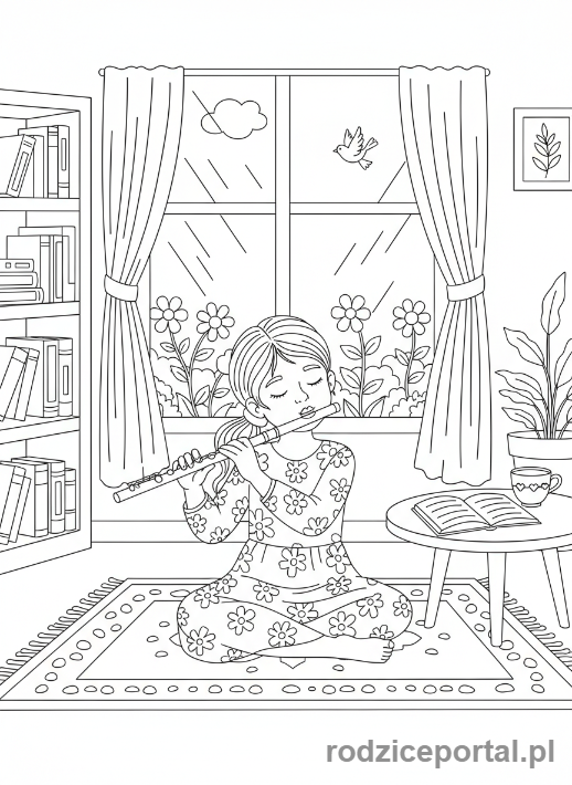 Kolorowanka Samodzielna Praca - Dziewczynka gra na flecie