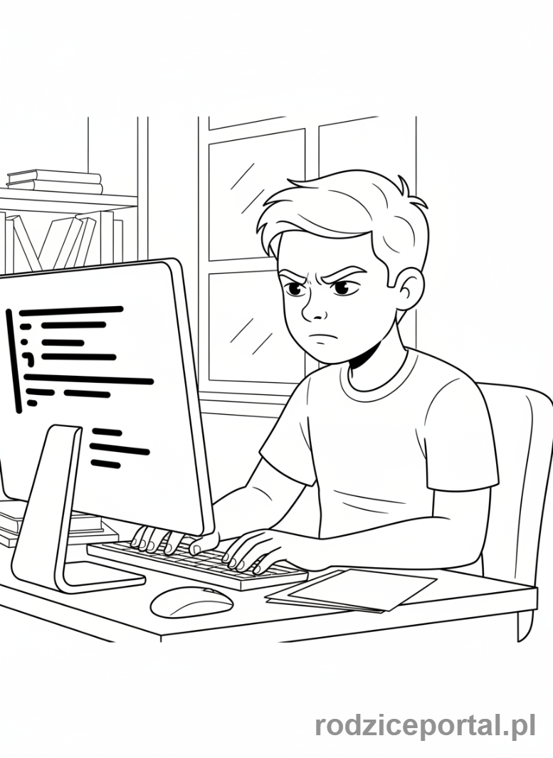 Kolorowanka Samodzielna Praca - Nastolatek programuje komputer