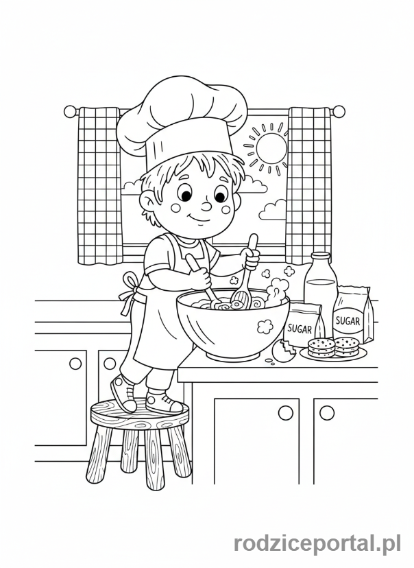 Kolorowanka Samodzielność - Dziecko pomaga w kuchni