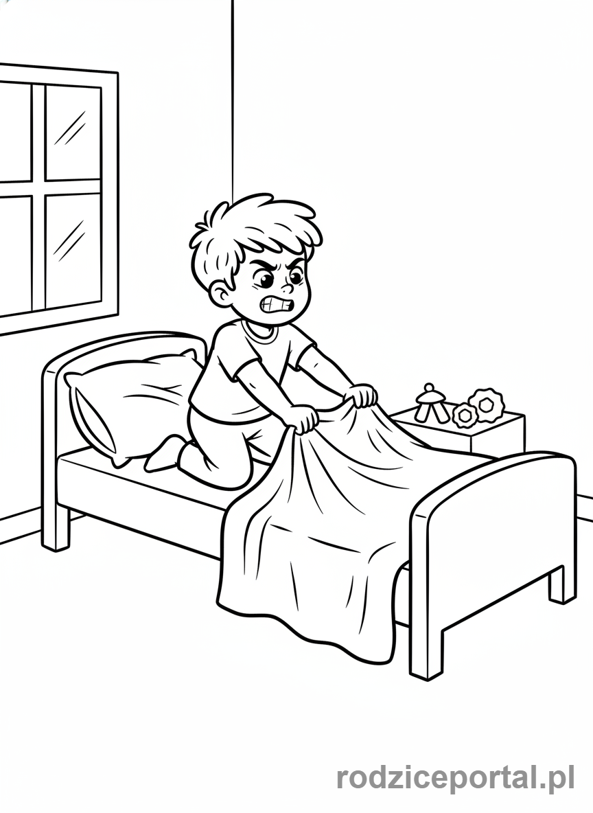 Kolorowanka Samodzielność - Dziecko ścieli łóżko