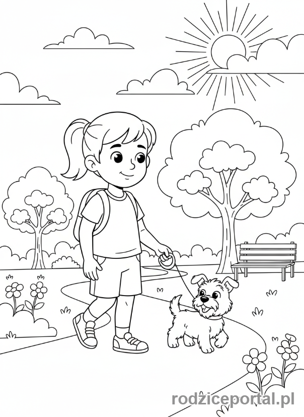 Kolorowanka Samodzielność - Dziecko spaceruje z psem