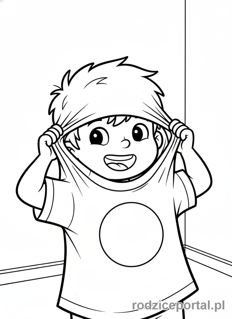 Kolorowanka Samodzielność - Dziecko ubiera koszulkę